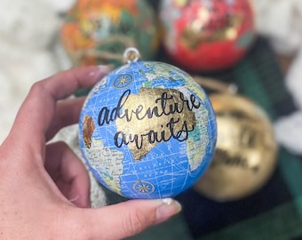 Gold Leaf Personalized World Globe Ornaments- Unique Teacher Gift- Custom Graduation Ornaments- Travel Ornament
