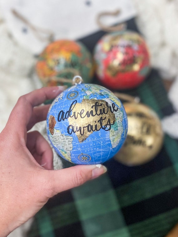 Gold Leaf Personalized World Globe Ornaments- Unique Teacher Gift- Custom Graduation Ornaments- Travel Ornament
