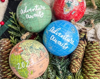 Adventure Awaits Ornament- World Map Globe Ornaments- Personalized Travel Ornaments- Hand Lettered Ornament- Graduation Gift