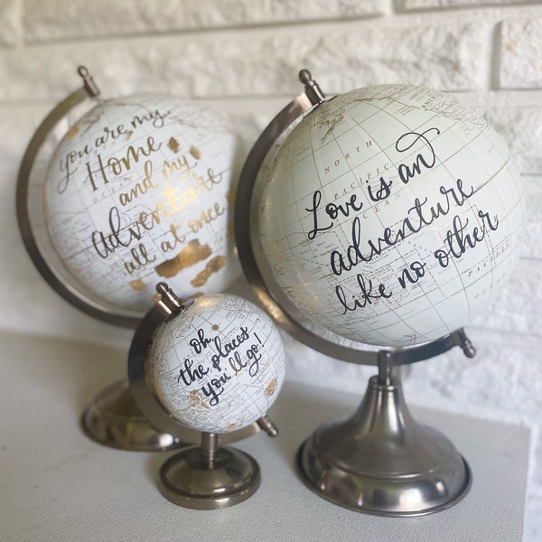 Custom Ivory White Globes- Modern Calligraphy World Map Globe- Travel Decor- Personalized Gifts