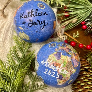 Gold Leaf Personalized World Globe Ornaments- Unique Teacher Gift- Custom Graduation Ornaments- Travel Ornament Blue