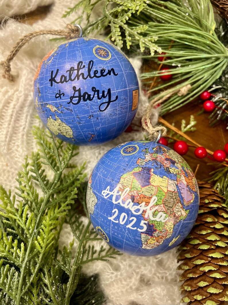 Gold Leaf Personalized World Globe Ornaments- Unique Teacher Gift- Custom Graduation Ornaments- Travel Ornament Blue