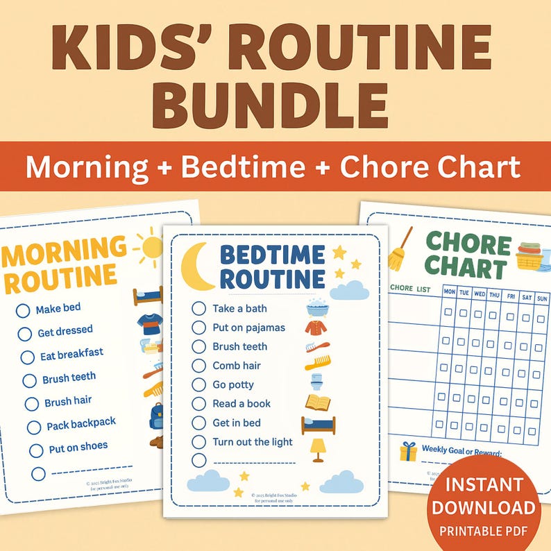 Kids’ Routine Chart Bundle | Morning &amp; Bedtime Checklist + Chore Chart ...