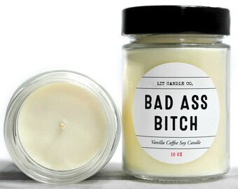 Candles - "Bad Ass Bee" Vanilla Latte Scented Soy | Hand Poured | Funny gifts | Gifts for Her | Birthday gift | Coffee Candle | Gag gifts