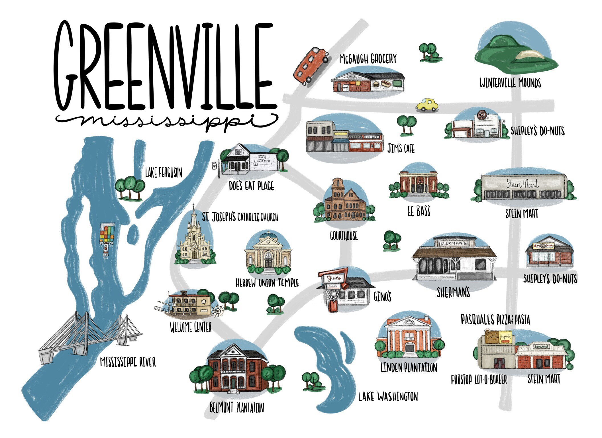 Hand-illustrated Greenville Mississippi Map  Etsy