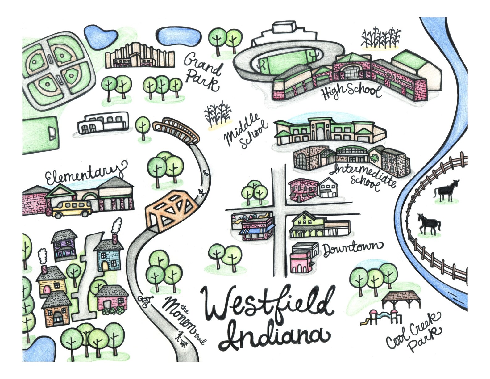 Print Handillustrated map of Westfield Indiana Etsy