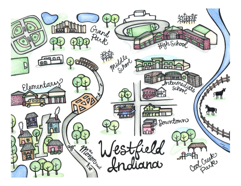 Print Handillustrated map of Westfield Indiana Etsy