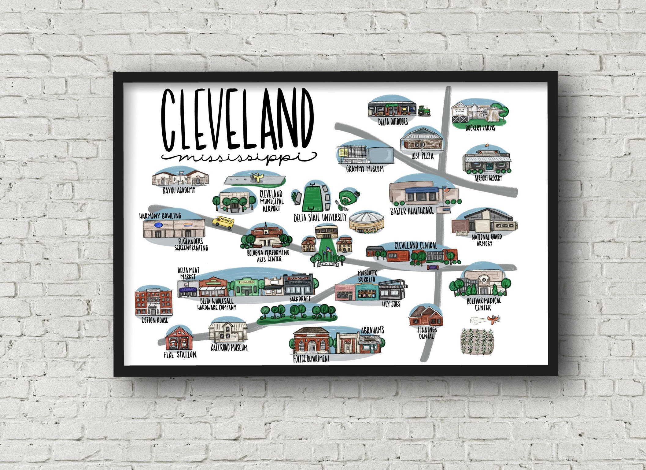 Handillustrated Cleveland Mississippi Map Etsy