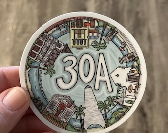 VINYL STICKER - Circle Hand-illustrated of the towns along E County Hwy 30A