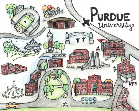 print hand illustrated cartoon map of purdue university purdue university map