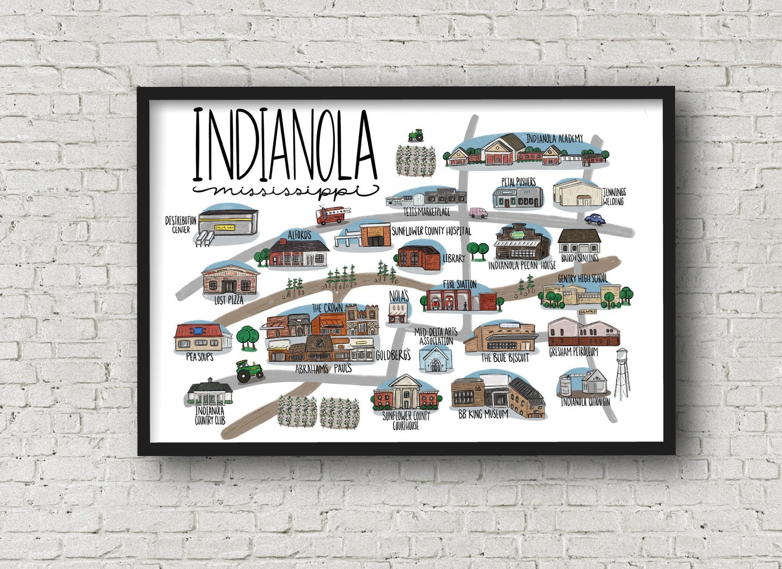 Handillustrated Indianola Mississippi Map/delta/southern Etsy