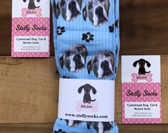 Blue Background Custom Dog Socks, Dog Face Socks, Design your own Dog Socks