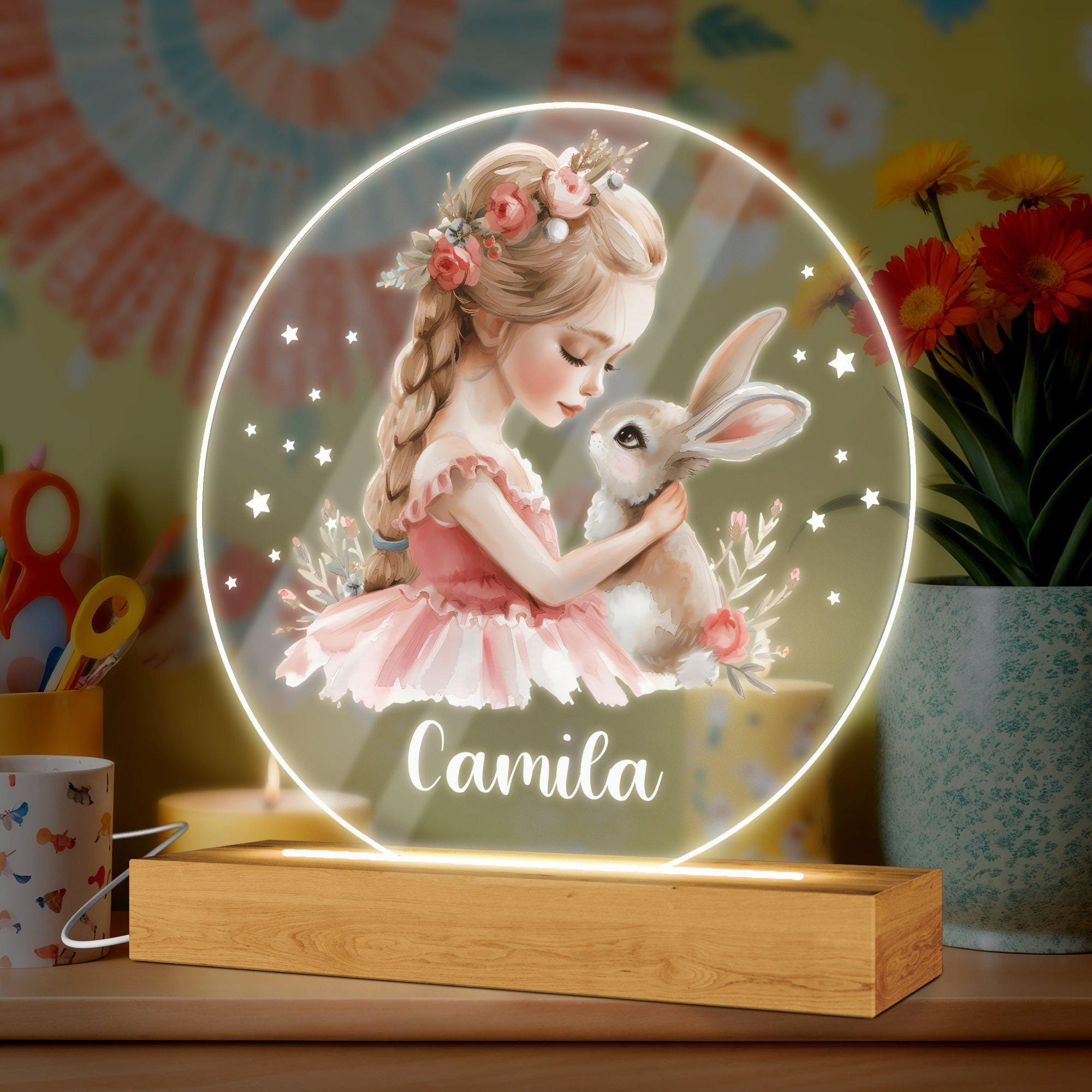 Baby Girl with Bunny Design, Perfect Birthday Gift, Personalized Night Light for Kids, Custom Bedside Lamp for Birthdays and Christening