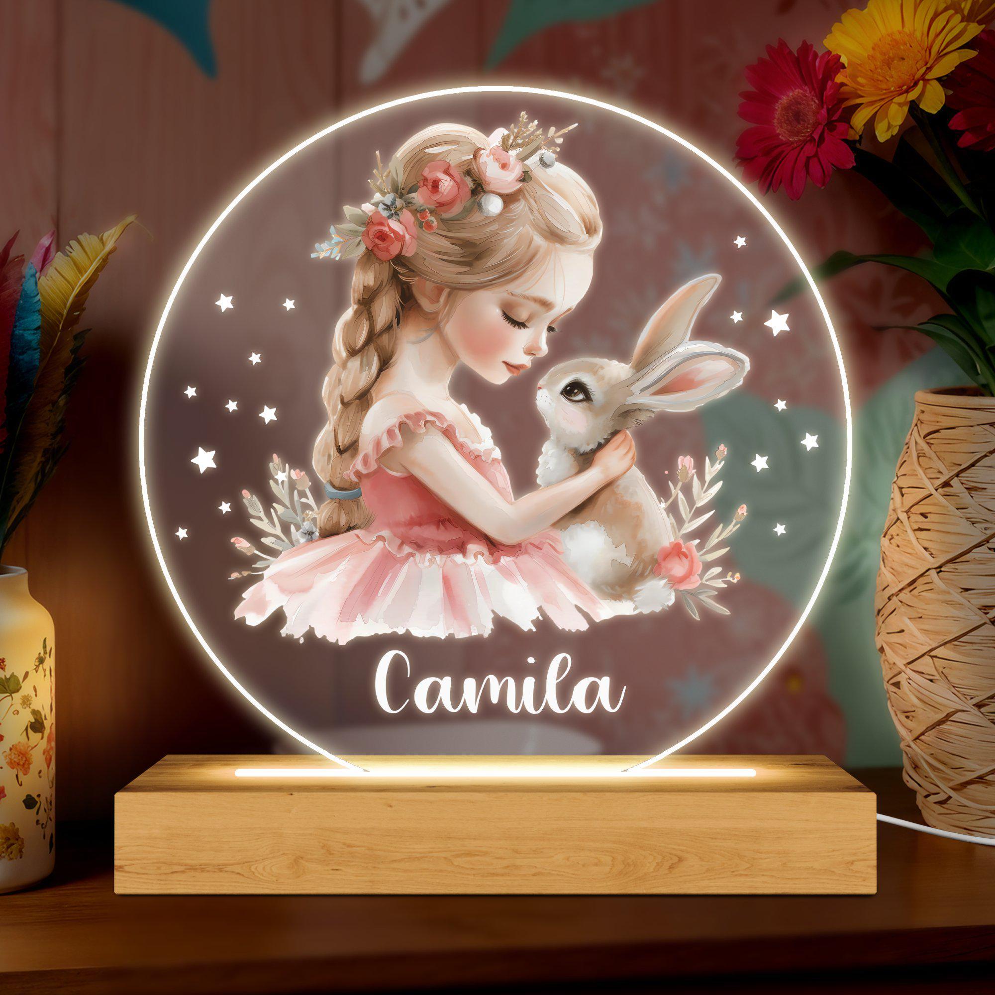 Baby Girl with Bunny Design, Perfect Birthday Gift, Personalized Night Light for Kids, Custom Bedside Lamp for Birthdays and Christening