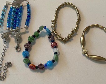 Blue Seed Bracelet Triple Strand /Glass Disc Multicolor Bracelet /Gold Stars Bracelet / Gold Heart Bracelet