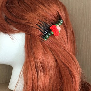 Pink Polymer Clay Flower Comb with Crystals / Decorative Hair Comb / Flower Hair Comb / Pink Flower Hair Comb / Flower and Crystal Hair Comb
