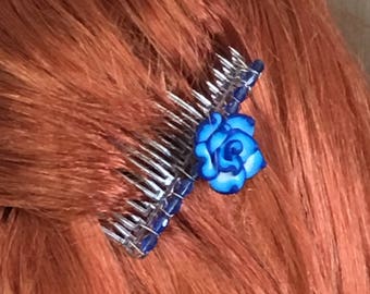 Blue Polymer Clay Flower Comb with Crystals / Decorative Hair Comb / Flower Hair Comb / Blue Flower Hair Comb / Flower and Crystal Hair Comb