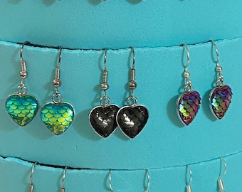 Dragon Scale Heart Earrings / Mermaid Scale Heart Earrings / Fish Scale Heart Earrings