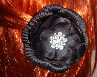 Black Flower hair clip / black w/crystal center blower barrette / black flower barrette