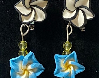Fimo Clay Plumeria Flower Earrings / Blue and Yellow Fimo Flower Earrings / Black and White Fimo Flower Earrings