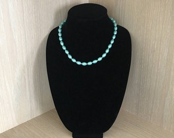 Set - Aqua Oval Beaded Necklace and Earrings / Aqua Pearled Beaded Necklace and Earrings Set