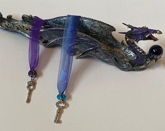 Ribbon Necklaces Silver Tone Keys / Ribbon Choker Silver Tone Key / Purple or Blue Ribbon Necklace Keys