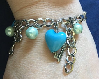 Blue Hearts & Keys Hair Jewelry / hearts and keys hair accessory / hearts and keys bracelet