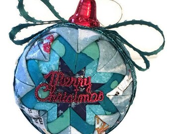 Quilted Christmas Tree Ornament / Merry Christmas Quilted Christmas Tree Ornament / Blue-Teal Quilted Christmas Tree Ornament