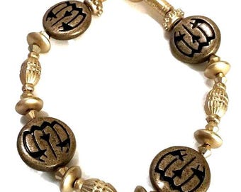 Antique Gold Pumpkin Stretch Bracelet / Jack-O-Lantern Stretch Bracelet