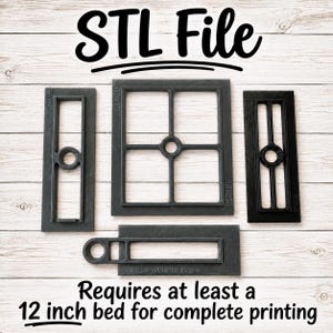 May include: Four black rectangular and square frames with central circular cutouts, labeled with dimensions 12x4, 12x10, 10x4, and 20x4. The text reads STL File and Requires at least a 12 inch bed for complete printing. These are 3D printing templates.