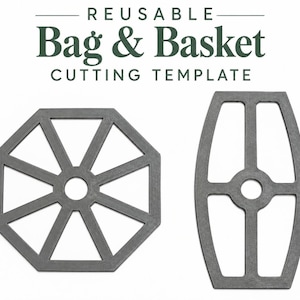 May include: A Reusable Bag & Basket Cutting Template with dark gray outlines. The template includes an octagonal shape with eight radial spokes and a central hole, alongside an elongated oval shape with a central hole and four spokes.