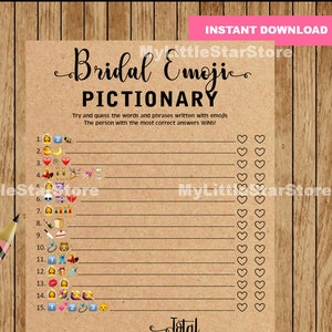 Bridal Shower Game Pictionary, EMOJI Pictionary, Rustic Bridal Shower Game, diy Bridal Shower Printables, Instant Download