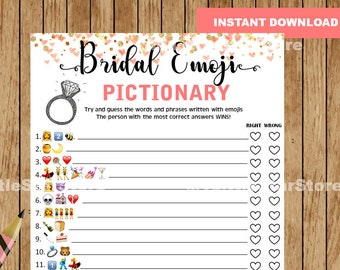 Bridal Shower Game Pictionary, EMOJI Pictionary, Coral and Gold Bridal Shower Game, Peach Emoji Bridal Shower Pictionary, Instant Download