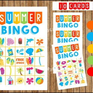 Summer Bingo 10 Cards, Printable Summer Bingo game, Summer printable Bingo cards Instant download