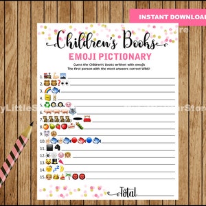 Children&#39;s Books Emoji Pictionary game, Baby shower Emoji game , Pink and Gold, diy Baby Shower Game, ANSWERS included, Instant Download