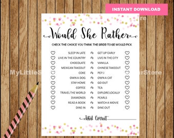 Would She Rather Bridal Shower Game , Pink and Gold bridal shower game, Bridal Games, Bachelorette game Instant Download