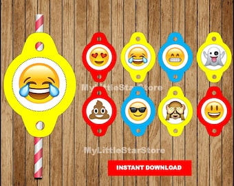 May include: Set of 10 printable emoji straw toppers in yellow, red, and blue. The emojis include a crying laughing face, heart eyes, sunglasses, poop, see no evil monkey, ghost, and more.