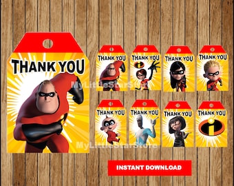 Incredibles Bedankt tags, afdrukbare The Incredibles tags, The Incredibles party tags Direct downloaden