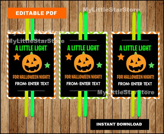 A Little Light for Halloween Night Gift tags, Editable PDF, Pumpkin Halloween Party tags, Glow Stick Gift Tags Editable PDF Instant download