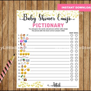 Emoji Baby Shower Game,  Baby Shower Pictionary Game , Pink and Gold Baby Shower Games, ANSWERS included, Instant Download