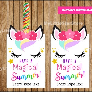 Etiquetas de fin de año escolar, Etiquetas de regalo de soporte de piruleta de unicornio de verano, Tener una etiqueta editable de verano mágica Descarga instantánea