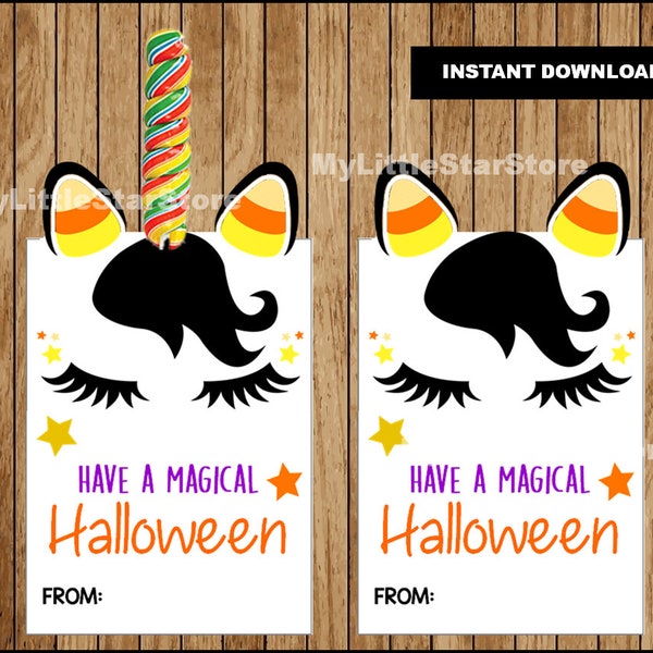 Halloween Unicorn Lollipop Holder, Printable Unicorn Halloween Gift Favors tags, Printable Halloween Gift Tags Instant download