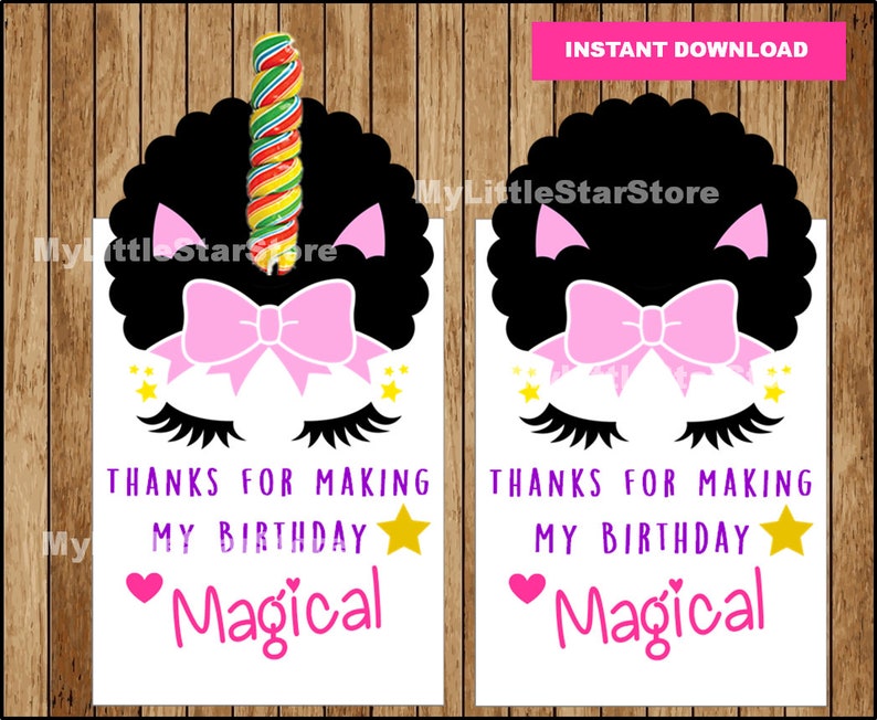 unicorn afro puff thank you tags printable africanamerican etsy