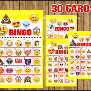 Emoji Bingo 30 Tarjetas, Juego de Bingo Emoji imprimible, Tarjetas de Bingo de fiesta Emoji Descarga instantánea