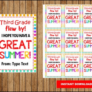 Tag regalo di fine anno scolastico, Tag regalo estivo di terza elementare, Tag regalo ultimo giorno di scuola, Tag estivo modificabile Download istantaneo