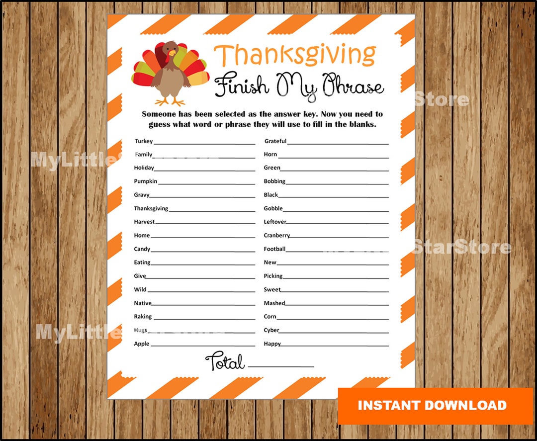 Printable Thanksgiving Finish My Phrase, Turkey Thanksgiving Word Game ...