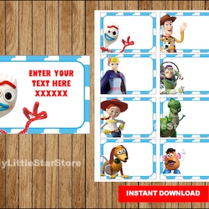 Toy Story 4 étiquettes de livre, étiquettes imprimables de partie de livre d'histoire de jouet, cartes, étiquettes de retour d'école de jouet histoire modifiable téléchargement instantané