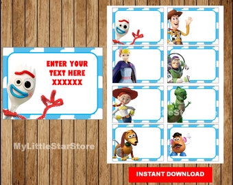 Toy Story 4 Book Labels, Printable Toy Story Book party tags, Cards, Toy Story Back to School Labels Editable Instant download