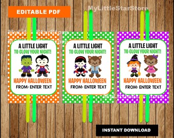 A Little Light To Glow Your Night tags, Printable Kids Halloween tags, Glow Stick Gift cards for Halloween Editable PDF Instant download
