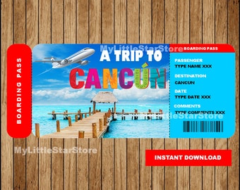 Bilet do druku Cancun Surprise, Karta pokładowa Cancun Surprise, Bilet na prezent Cancun, Bilet do druku do karty pokładowej Cancun Tekst edytowalny
